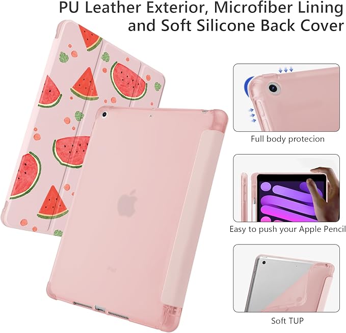 Cute Kawaii Watermelon for iPad mini 7 A17 Pro 2024/iPad Mini 6 Case with Pencil Holder Auto Sleep/Wake Pink Leather Soft TPU Back Cover