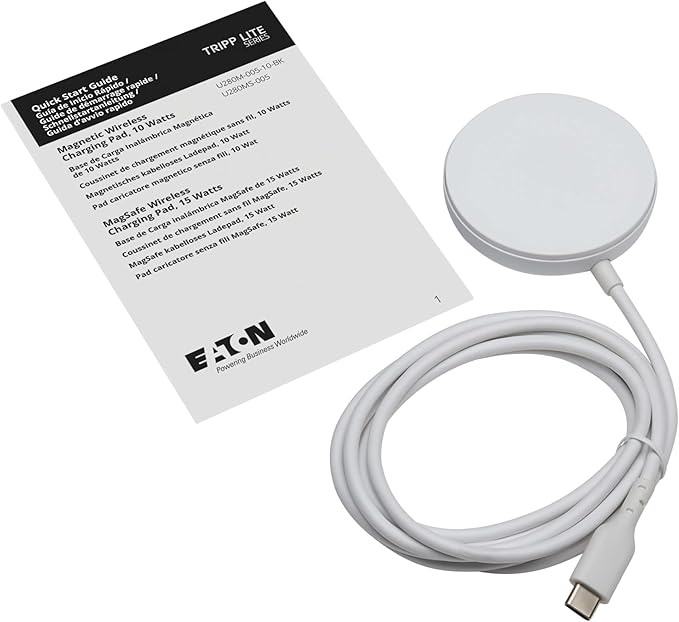 Eaton Tripp Lite Series Wireless Charger Pad 15W Magnetic Phone Charging Pad MagSafe MFi Charging for Apple iPhone iPad &amp AirPods 5ft Cable White 1-Year Warranty (U280MS-005)