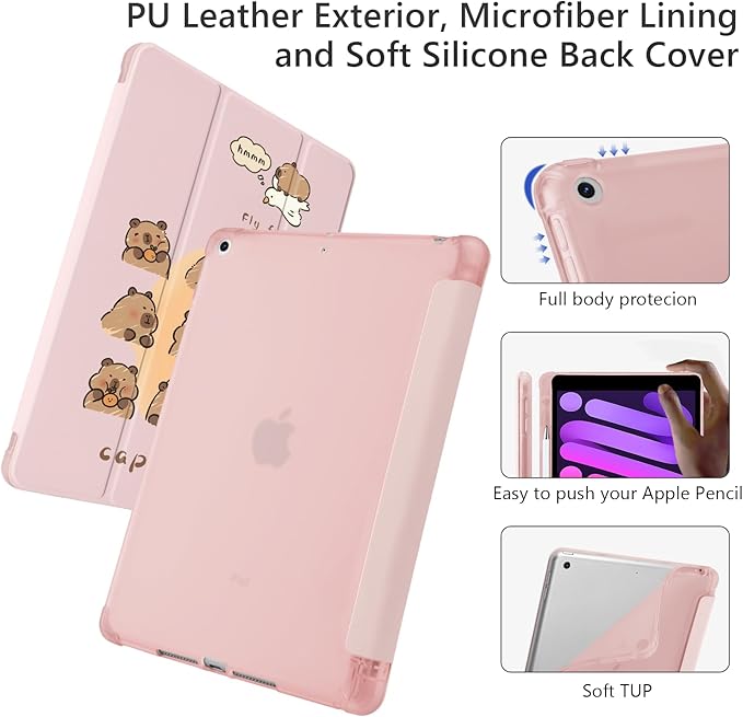 Cute Kawaii Capybara for iPad (A16) 11th Generation Case 11 Inch 2025 for iPad 10th Generation Case 10.9 Inch 2022 with Pencil Holder Auto Sleep/Wake Pink Leather Soft TPU Back Cover