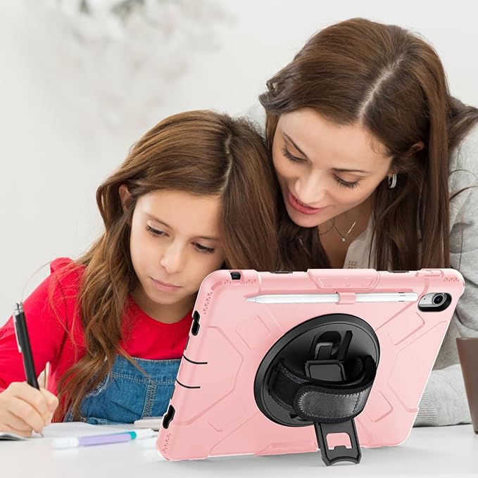 Case for iPad (A16) 11th/10th Generation Case: Protective Cover for iPad 11th Gen 11 Inch 2025 &amp10th Gen 10.9 2022 with Screen Protector- Stand- Shoulder Strap- Handle- Pencil Holder-Black+Pink