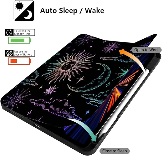 DONGKE Case for 2022/2021/2020/2018 iPad Pro 11 inch Gen 4/3/2/1 - Slim Protective Case - Built in Pencil Holder Support Charging - Trifold Stand &amp Sleep/Wake Cover - Sun &amp Moon