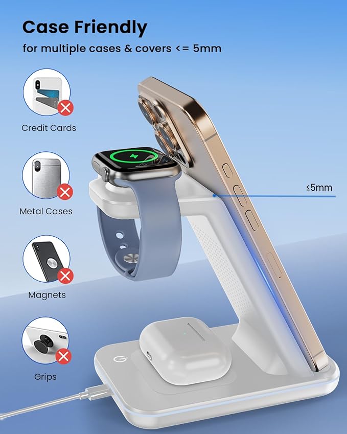 3 in 1 Wireless Charging Station Wireless Charger Stand for Multiple Apple Devices Wireless Charger for iPhone 17 16 15-11 Pro Max XS XR 8 Apple Watch 11 9 8 7 6 SE 5 4 3 2 Air Pods 3/2/Pro