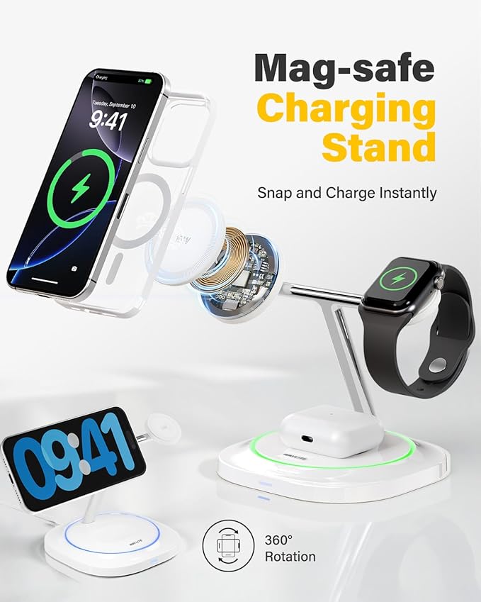 3 in 1 Magnetic Wireless Charger for Apple -Fast Charging Station Compatible with MagSafe for iPhone17-12 Apple Watch&ampAirPods Phone and Watch Charger Stand for Desktop Bedside Office (Elegant Wh