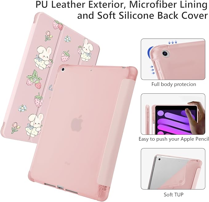 Cute Kawaii Bunny Strawberry for iPad Pro 11 Inch Case 4th/3rd/2nd Generation 2022/2021/2020 with Pencil Holder Auto Sleep/Wake Pink Leather Soft TPU Back Cover