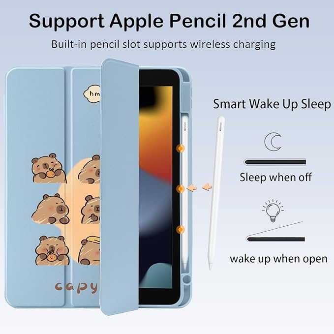Cute Kawaii Capybara for iPad Pro 11 Inch Case (M5/M4) 2025/2024 with Pencil Holder Auto Sleep/Wake Blue Leather Clear Acrylic Back Cover