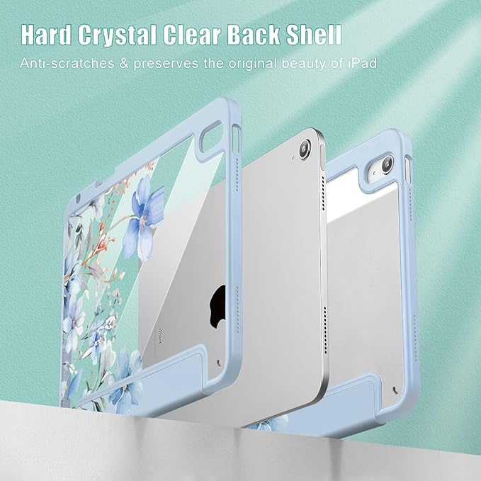 May Chen Case for iPad Air 13 Inch M4 2026 M3 2025 M2 2024 [Built-in Pencil Holder] Shockproof Cover with Clear Transparent Back Shell Auto Sleep/Wake Cover Blue Flowers