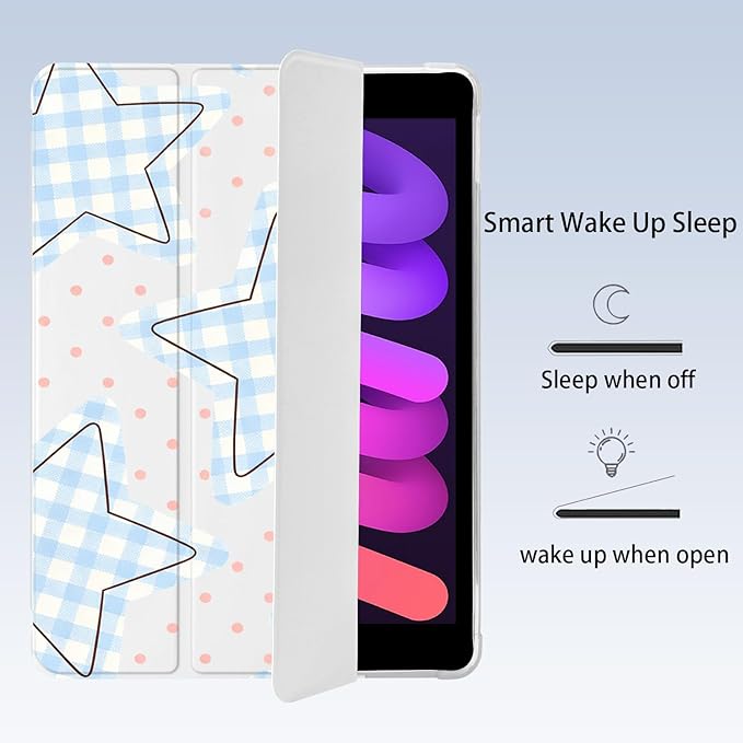 Cute Blue Grid Star for iPad Pro 11 Inch Case 4th/3rd/2nd Generation 2022/2021/2020 with Pencil Holder Auto Sleep/Wake White Leather Soft TPU Back Cover