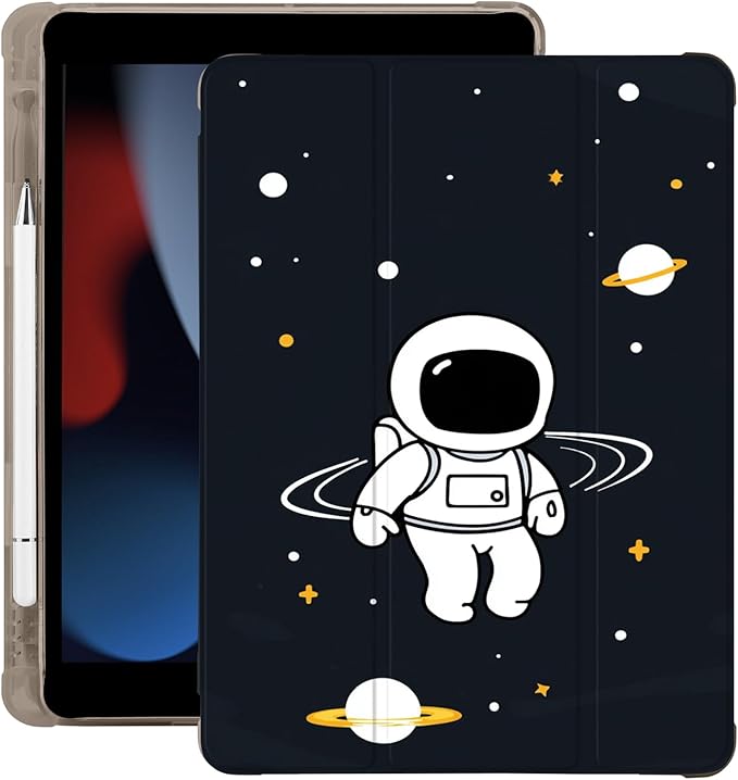Cute Astronaut Space for iPad Air 13 Inch Case M3 2025/M2 2024 with Pencil Holder Auto Sleep/Wake Black Leather Soft TPU Back Cover
