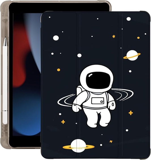 Cute Astronaut Space for iPad Air 13 Inch Case M3 2025/M2 2024 with Pencil Holder Auto Sleep/Wake Black Leather Soft TPU Back Cover