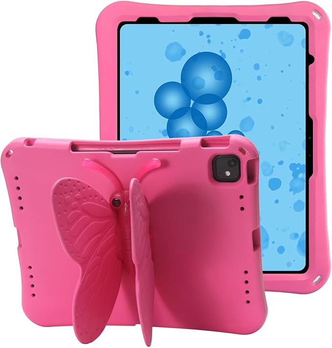Butterfly Kids Case for iPad Air 13 Inch M3/M2 (2025/2024) iPad Pro 13 (M4) 2024 iPad Pro 12.9 (2022/2021/2020/2018) 3D Cartoon EVA Foam Shockproof Stand Cover for Girls - Magenta