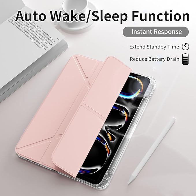 kenke Case for iPad Air 13 Inch (M3 2025/M2 2024) iPad Pro 12.9 Inch 6th/5th Generation (2022/2021) with Pencil Holder Y Folding Stand Cover with Hard Clear PC Back Support Touch ID Light Pink