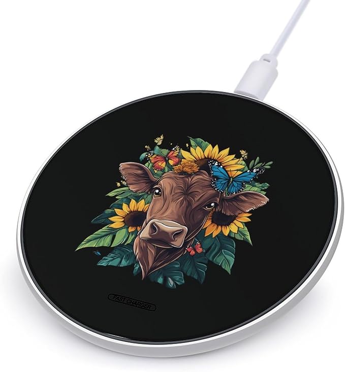 Floral Cow Head Wireless Charger Anti-Slip Wireless Charging Pad Slim Charger Mat for Men Women