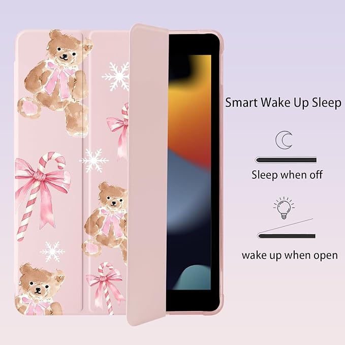 Cute Christmas Cane Bear for iPad (A16) 11th Generation Case 11 Inch 2025 for iPad 10th Generation Case 10.9 Inch 2022 with Pencil Holder Auto Sleep/Wake Pink Leather Soft TPU Back Cover