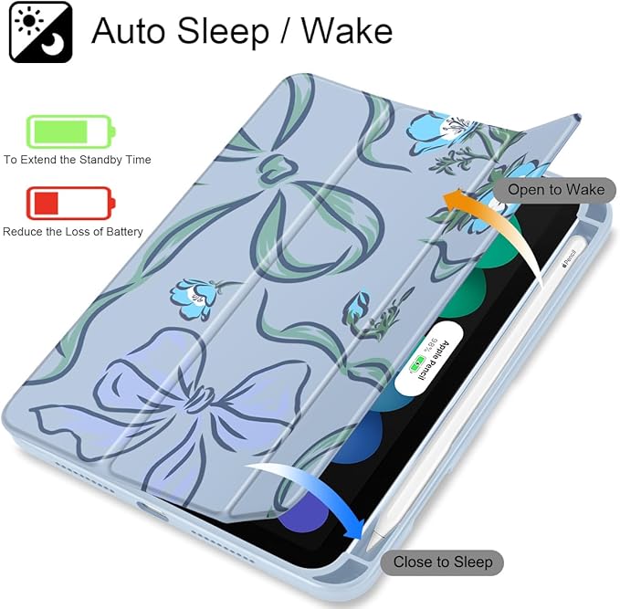 Mektron Printed Case for iPad mini 7 (A17 Pro) 2024/ Mini 6 2021 iPad mini 7th/6th Generation 8.3-inch Liquid Retina Display Cover Buit in Pencil Holder with Clear Back Shell Flowers-Bows-Blue