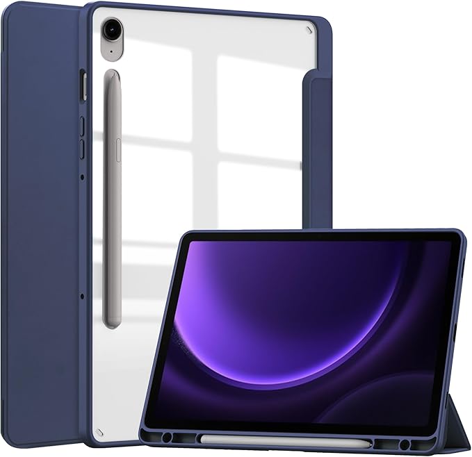 for Samsung Galaxy Tab S10 Lite/ S10 FE/ S9 FE 10.9 Inch Tri-Fold Smart Tablet Case with Pen Holder Shockproof Protective Cover W Transparent Back Shell Auto Wake/SleepBlue