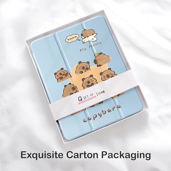 Cute Kawaii Capybara for iPad Pro 11 Inch Case (M5/M4) 2025/2024 with Pencil Holder Auto Sleep/Wake Blue Leather Clear Acrylic Back Cover