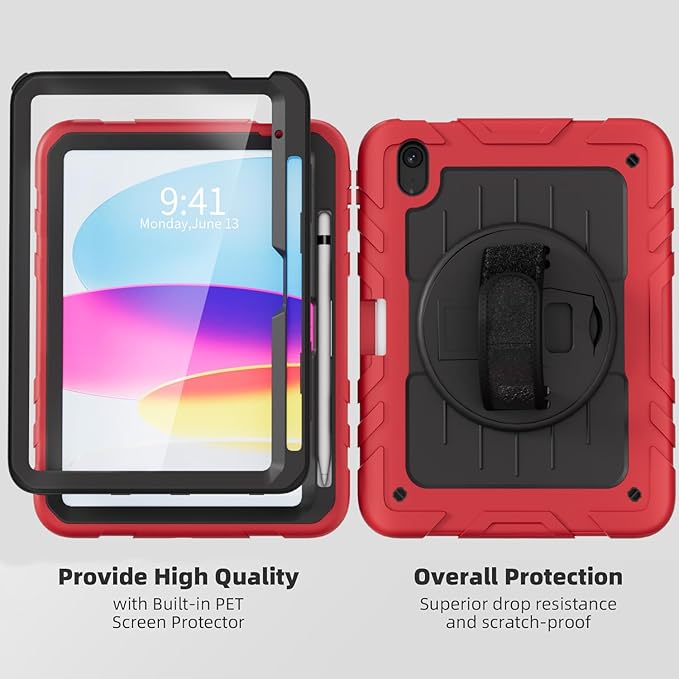 Case for iPad 10th Generation 10.9inch 2022with Built-in Screen Protector and KickstandHand StrapShoulder Strap for New Apple iPad 10.9 Inch(Red/Black)