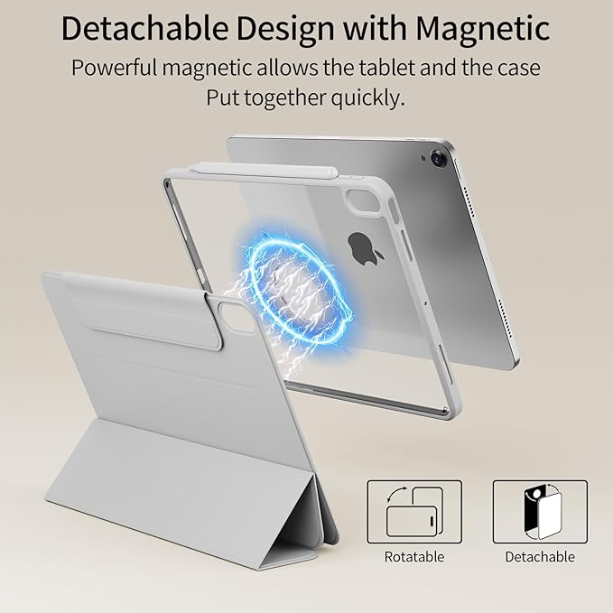 for iPad (A16) 11th Generation 11 Inch 2025/ 10th Generation 10.9 Inch 2022 Hybrid Case with Pencil Holder | Detachable Magnetic Cover | Portrait/Landscape Stand | Clear Hard Back Gray