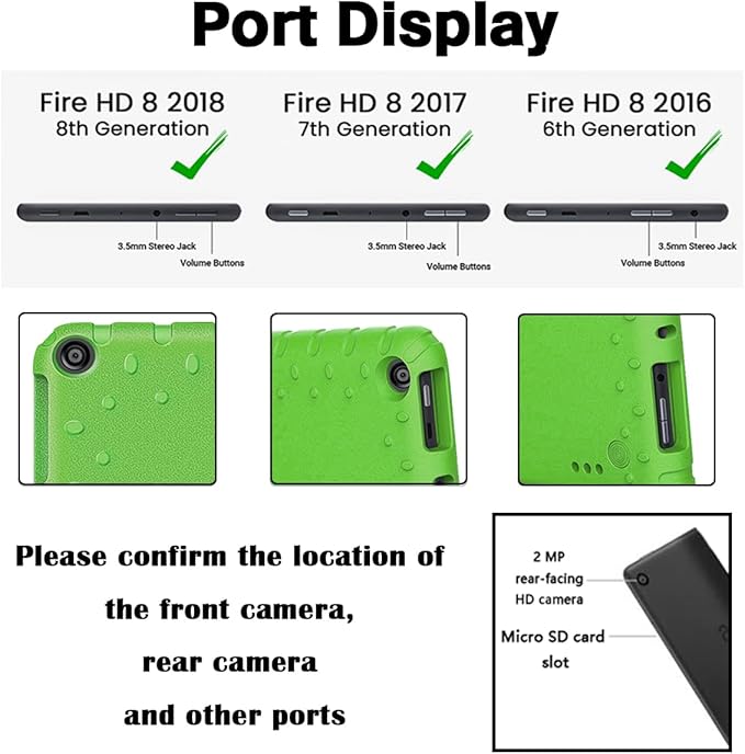 Kids Case for Kindle Fire HD 8 Tablet 8th/7th/6th Generation (2018/2017/2016 Release) Soft Flexible Lightweight Shockproof Durable with Handle Stand Green