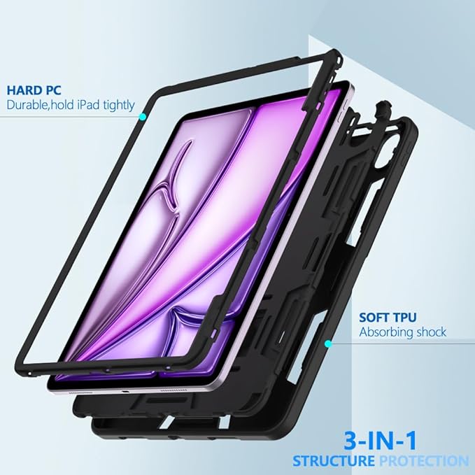 Puxicu Case for New iPad Air 13 inch (M3/M2-2025/2024) Heavy Duty Rugged Protective Built-in Pencil Holder Cover for iPad Air 13 Inch Black