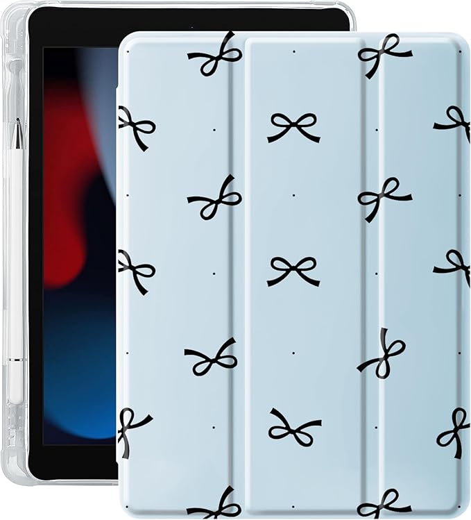 Idocolors Case for iPad 11 inch (A16 Chip) 2025 Generation 11th / iPad 10.9 inch 2022 10th Gen Built-in Pencil Holder with Soft TPU Shockproof Back Shell Auto Wake/Sleep Black Bow-Blue