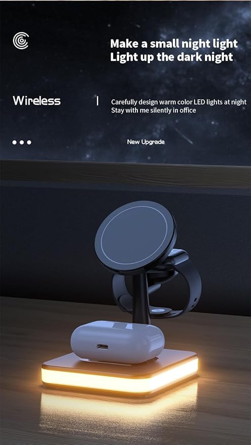 Magnetic Desk Wireless Charger Hub 3-in-1 – 15W Fast Wireless Charging Station with Night Light Compatible with Latest iPhone AirPods Apple Watch for Home &amp Office (Black)