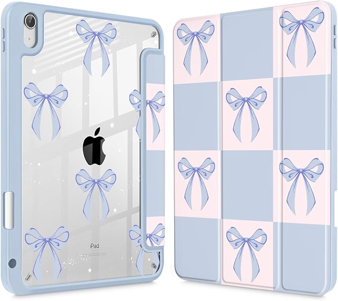 Case for iPad (A16) 11th Generation 11 Inch (2025) iPad 10th Generation 10.9 Inch (2022) Shockproof Cover with Clear Transparent Back Shell &amp Pencil Holder Blue Square Bow