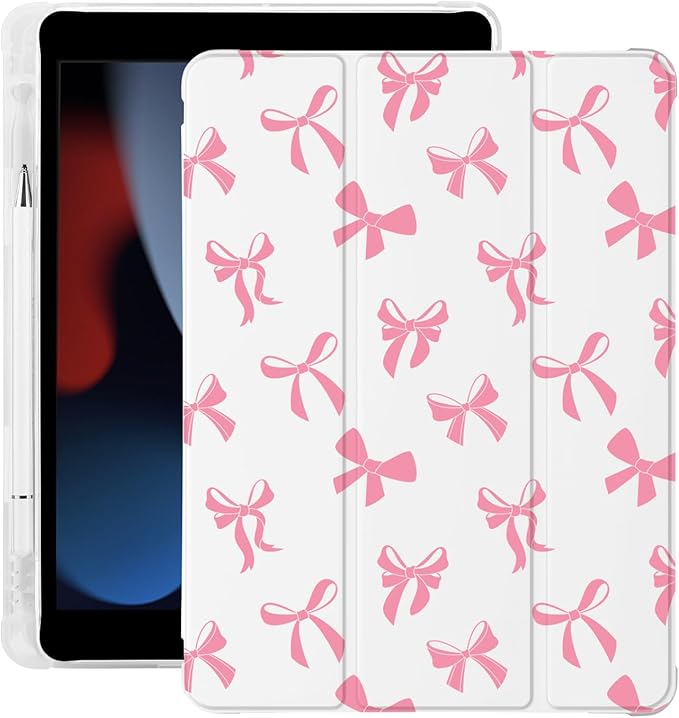 Cute Kawaii Bow for iPad 5th/6th Generation Case with Pencil Holder Auto Sleep/Wake Leather Soft TPU Back Cover for iPad 9.7 Inch