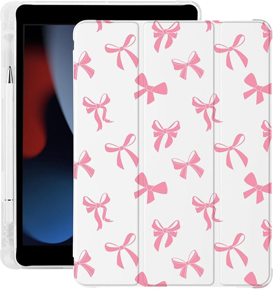 Cute Kawaii Bow for iPad 5th/6th Generation Case with Pencil Holder Auto Sleep/Wake Leather Soft TPU Back Cover for iPad 9.7 Inch