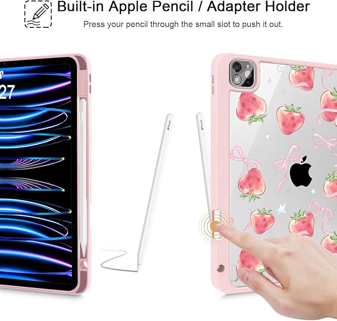 May Chen for iPad Pro 11 inch M2 4th Generation 2022 iPad Pro 11 3rd/2nd/1st Gen Case with Transparent Shockproof Back Cover [Built-in Pencil Holder Auto Sleep/Wake Bow Strawberry