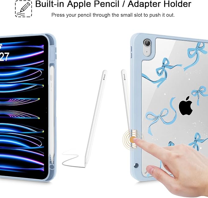 May Chen Case for iPad Air 13 Inch M4 2026 M3 2025 M2 2024 [Built-in Pencil Holder] Shockproof Cover with Clear Transparent Back Shell Auto Sleep/Wake Cover Blue Bows