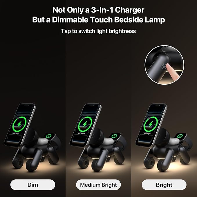 3 in 1 Wireless Charging Station for Apple DevicesFoldable Cute Magnetic Mag-Safe Wireless Charger Stand with Night Light for iPhone 17 Air 16 15 14 13 12 SeriesAirPods 4 3 2 ProApple Watch