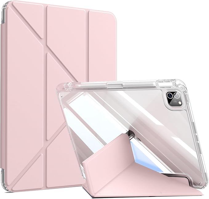 kenke Case for iPad Air 13 Inch (M3 2025/M2 2024) iPad Pro 12.9 Inch 6th/5th Generation (2022/2021) with Pencil Holder Y Folding Stand Cover with Hard Clear PC Back Support Touch ID Light Pink