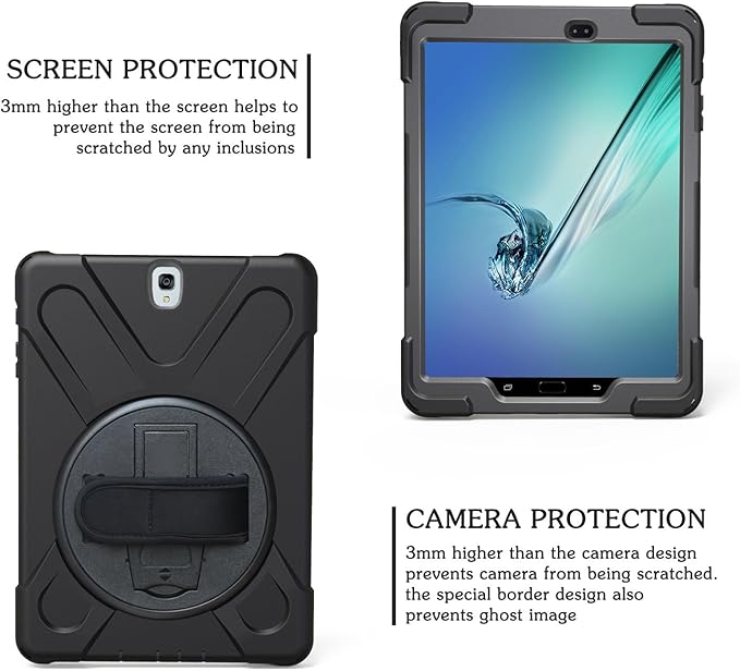 Galaxy Tab S2 9.7 Case - Dropproof Shockproof Heavy Duty Tablet Cover Rotatable Kickstand Handle Stand Hand Strap Shoulder Belt Carrying Case for Samsung SM-T810/T813/T815/T817/T818/T819 9.7 Black