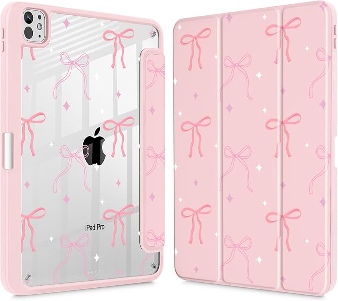 Tuiklol for iPad Pro 11 Inch (M5 2025 / M4 2024) Case Buit-in Pencil Holder with Slim Clear Back Cover Protection Trifold Stand-Auto Wake/Sleep Tablet Case Black Flower Pink Bows