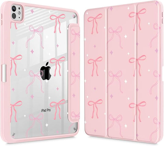 Tuiklol for iPad Pro 11 Inch (M5 2025 / M4 2024) Case Buit-in Pencil Holder with Slim Clear Back Cover Protection Trifold Stand-Auto Wake/Sleep Tablet Case Black Flower Pink Bows