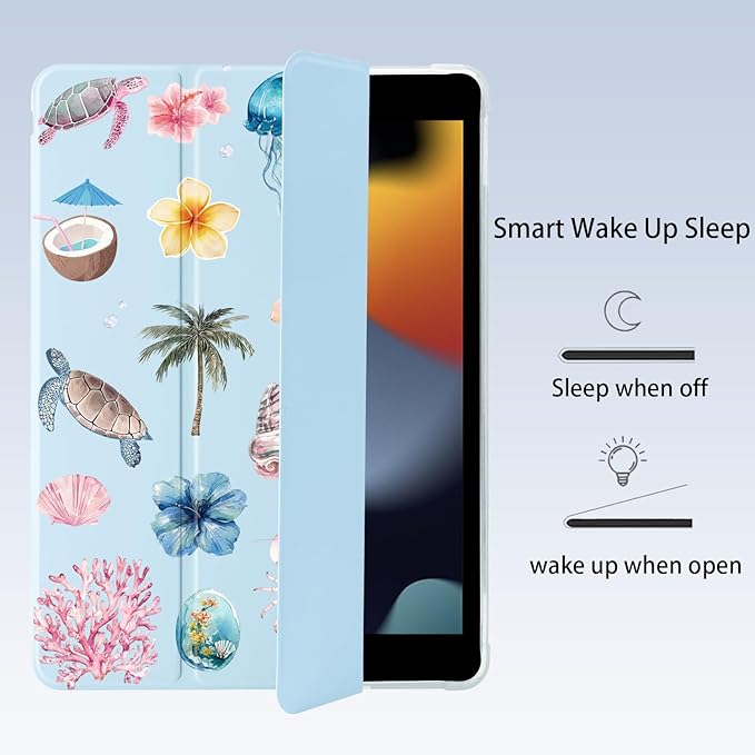 Cute Sea Turtle Flower for iPad Air 3 Case with Pencil Holder Auto Sleep/Wake Blue Leather Soft TPU Back Cover for iPad Pro 10.5 Inch 2017