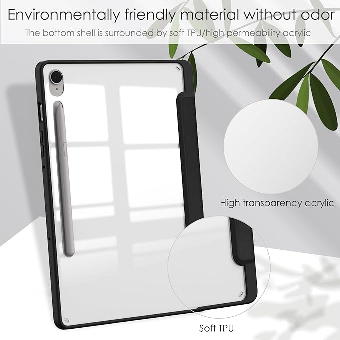 for Samsung Galaxy Tab S10 Lite/ S10 FE/ S9 FE 10.9 Inch Tri-Fold Smart Tablet Case with Pen Holder Shockproof Protective Cover W Transparent Back Shell Auto Wake/SleepBlack