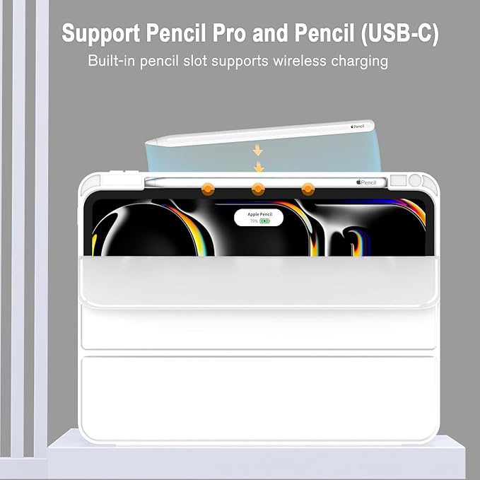 ZryXal iPad Pro 11 Inch Case (M5) 2025/ (M4) 2024 (Model: A2836/A2837/A3006) Trifold Stand Smart Cover with Pencil Holder and Soft TPU Back Auto Wake/Sleep (White)