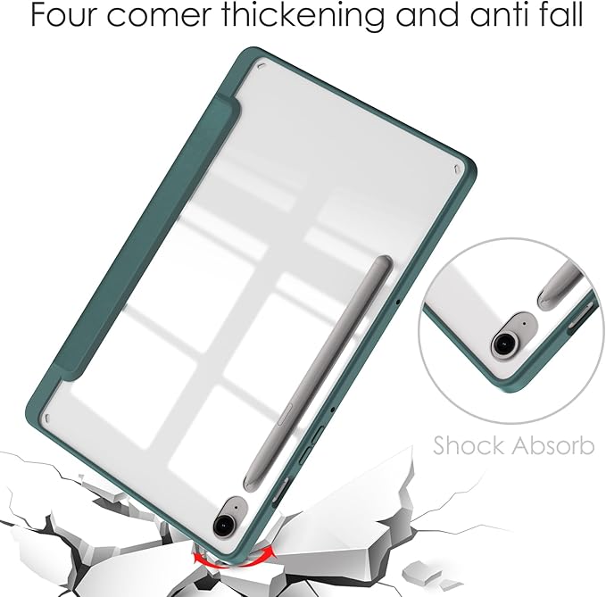 for Samsung Galaxy Tab S10 Lite/ S10 FE/ S9 FE 10.9 Inch Tri-Fold Smart Tablet Case with Pen Holder Shockproof Protective Cover W Transparent Back Shell Auto Wake/SleepGreen