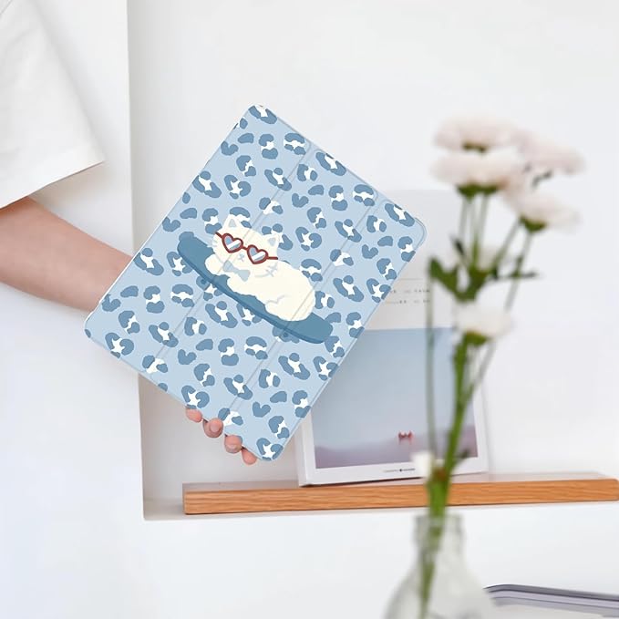 Cute Leopard Print Cat for iPad Air 3 Case with Pencil Holder Auto Sleep/Wake Blue Leather Soft TPU Back Cover for iPad Pro 10.5 Inch 2017