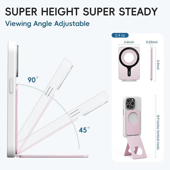 Cell Phone StandAdjustable Height and Angle Foldable Phone Holder for Desk Aluminum Cell Phone HolderStrong Magnetic Phone Stand Compatible with iPhone 16/15/14/13/12 Series (Pink)