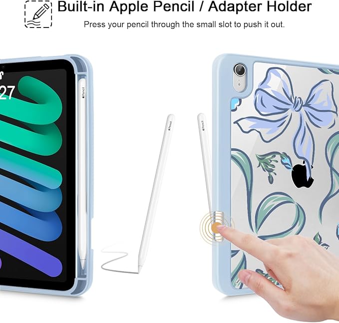 Mektron Printed Case for iPad mini 7 (A17 Pro) 2024/ Mini 6 2021 iPad mini 7th/6th Generation 8.3-inch Liquid Retina Display Cover Buit in Pencil Holder with Clear Back Shell Flowers-Bows-Blue