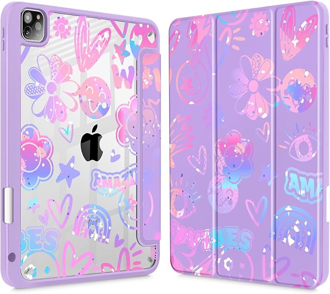 Tuiklol Case for iPad Pro 12.9 Inch M2 Case 2022 2021 2020 2018 Generation 6th/5th/4th/3rdBuilt-in Pencil Holder Clear Transparent Protective Back Shell Cover Fun Emotions Purple