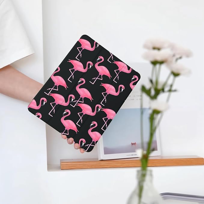 Cute Kawaii Flamingo for iPad 5th/6th Generation Case with Pencil Holder Auto Sleep/Wake Black Leather Soft TPU Back Cover for iPad 9.7 Inch