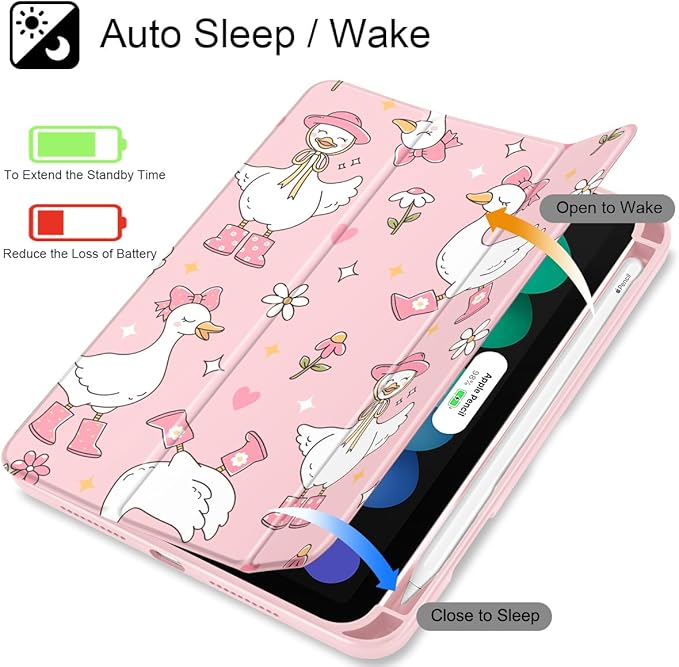May Chen Slim Case for iPad mini 7 (A17 Pro 7th Generation) 2024 / iPad mini 6 (6th Gen) 8.3 Inch [Built-in Pencil Holder] Shockproof Cover Clear Clear Back Shell Auto Wake/Sleep Cute Goose Spring