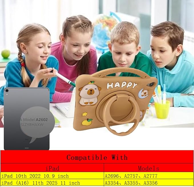 3D Cute Press Capybara Case for iPad 10th Generation (2022) 10.9 inch/iPad (A16) 11th 2025 11”Kawaii Cartoon Character Capybara Soft Silicone Rotating Stand Case with Lanyard for Kids Girls Women
