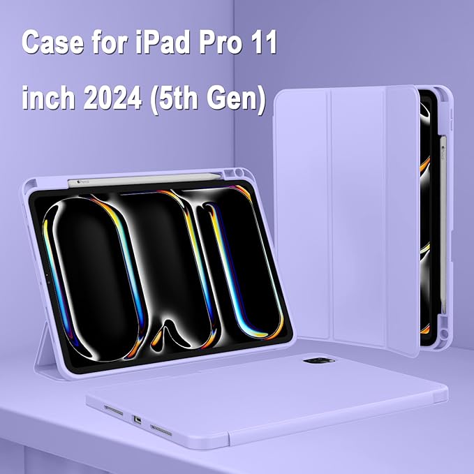 ZryXal iPad Pro 11 Inch Case (M5) 2025/ (M4) 2024 (Model: A2836/A2837/A3006) Trifold Stand Smart Cover with Pencil Holder and Soft TPU Back Auto Wake/Sleep (Light Purple)