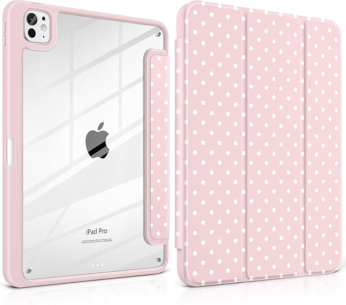 Case for iPad Pro 11 Inch (M5 2025 M4 2024) – [Built-in Pencil Holder] Shockproof &amp Stylish Clear Hard Back + Soft TPU Edge Magnetic Trifold Stand Auto Wake/Sleep Pink White dot
