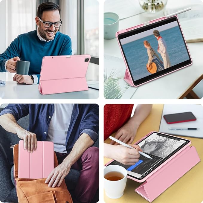 DTTO for iPad Air 13 Inch Case M4/M3/M2 2026/2025/2024 iPad Pro 12.9 Inch Case (6th/5th/4th/3rd Gen) Smart Slim Trifold Stand Soft Cover with Pencil Holder Pink